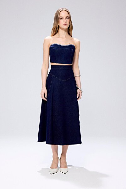 rue Navy Blue Glitter Denim Midi Skirt with Flower Detail