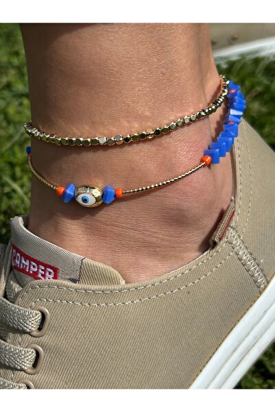 ByMerve Zarif Şık Kadın Kararmaz Gold Mavi 2li Takım Nazarlı Kristal 26 Cm Bo...