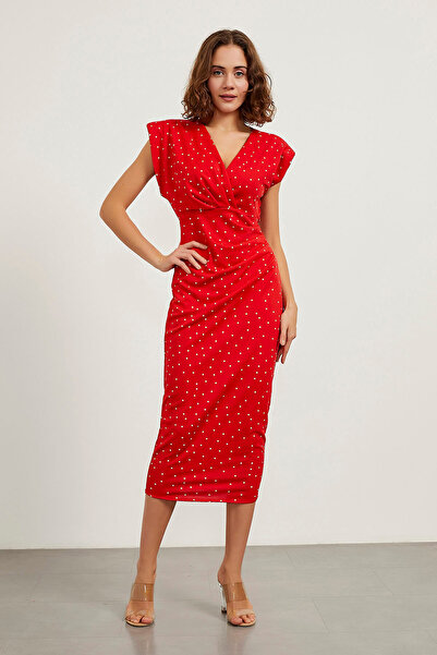 Arma Life Kadın Yazlık Kolsuz Esnek Uzun Kırmızı Büzgü Elbise