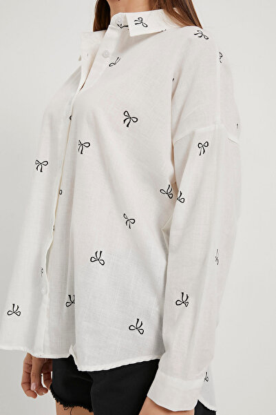 Arma Life Γυναικείο μακρυμάνικο φαρδύ λευκό πουκάμισο με σχέδιο φιόγκου