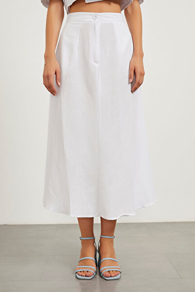 Arma Life Women's Buttoned Summer Basic Long White Linen Skirt