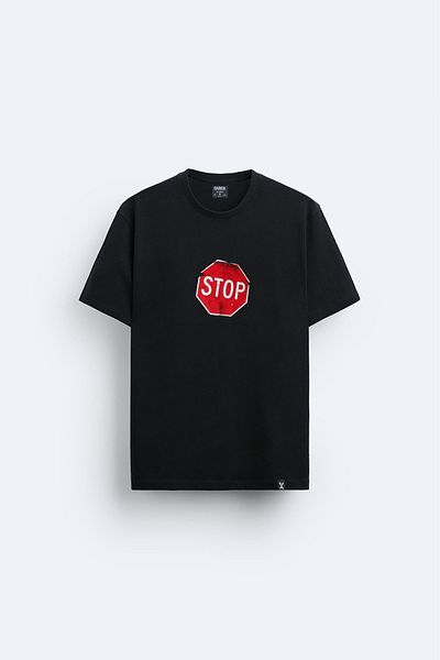 Darkia Stop Stop Printed Crew Neck Regular Fit Black T-Shirt T-Shirt