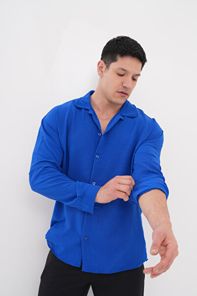 byata.style Erkek Yazlık Gömlek Dokulu Bol Kalıp Oversize Erkek Gömlek Indigo