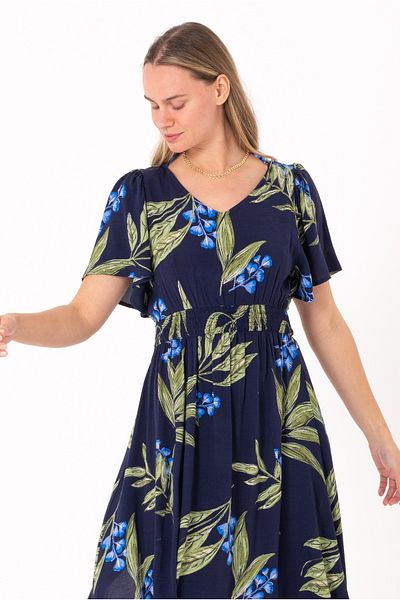 SCREENSHOT Women's 100% Woven Viscose Floral Patterned Dress / Stylish and Elegant Design / Navy Blue