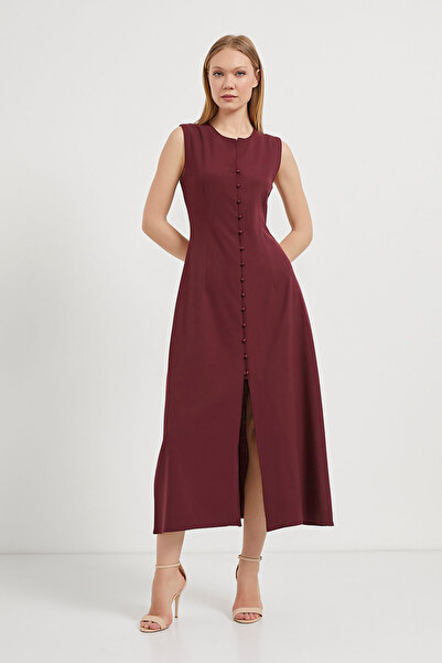 Arma Life Kadın Yırtmaçlı Düğmeli Yazlık Uzun Bordo Elbise