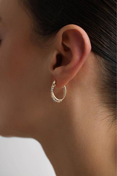 Tufanlar Kuyumculuk 14 Ayar Altın Renkli Taşlı Oval Küpe - Bahar Koleksiyonu