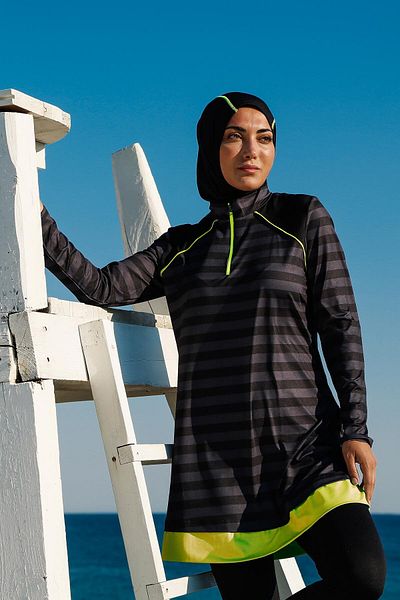 Marina Swimwear 3-Piece Black Performance Series Striped Full Covered Hijab Swimsuit M2232
