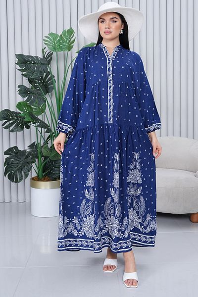 AYASOFYA OTANTIK Women's Navy Blue Button Detailed Placket Collar Ethnic Balloon Sleeve Loose Long Dress