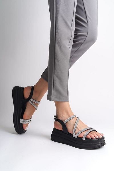 Joy Ayakkabı Riley Thin Buckle Stone Striped Orthopedic Sole Women's Sandals St - Black