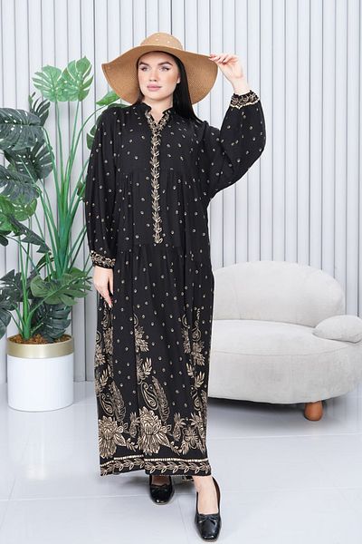 AYASOFYA OTANTIK Women's Black Button Detailed Placket Collar Ethnic Balloon Sleeve Loose Long Dress