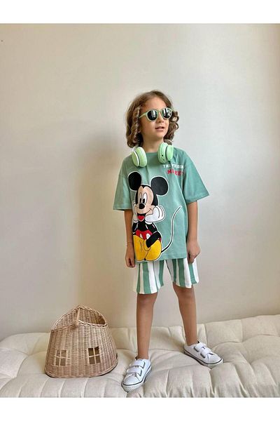 YİGİT BUTİK Yigit Butik Printed Striped Shorts Boys' Bottom Top Set