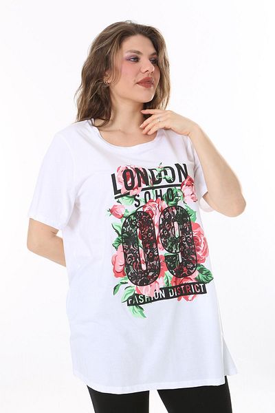 Şans White Printed Women's Short Sleeve Blouse - Plus Size 65N38042
