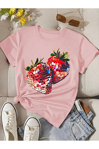 PENTHİLUS Strawberry Pattern Fashionable Summer Polyester Short Sleeve Round ...