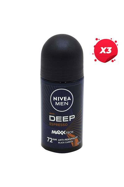 NIVEA X3 - NIVEA ANTIPERSPIRANT ROLL ON 50ML MEN DEEP BLACK CARBON ESPRESSO 72H