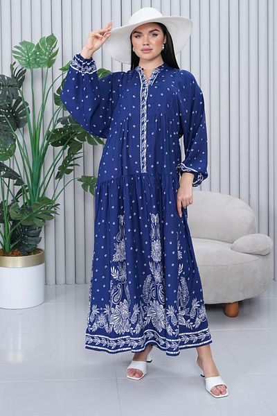 AYASOFYA OTANTIK Women's Navy Blue Button Detailed Placket Collar Ethnic Balloon Sleeve Loose Long Dress