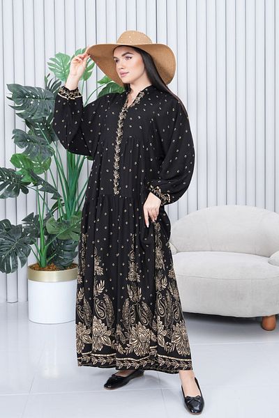 AYASOFYA OTANTIK Women's Black Button Detailed Placket Collar Ethnic Balloon Sleeve Loose Long Dress