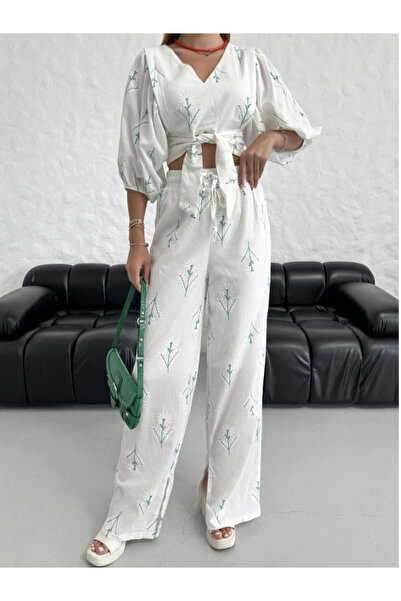 Stil Sepeti Bluză crop cu decolteu în V cu broderie verde pentru femei, cu ce...