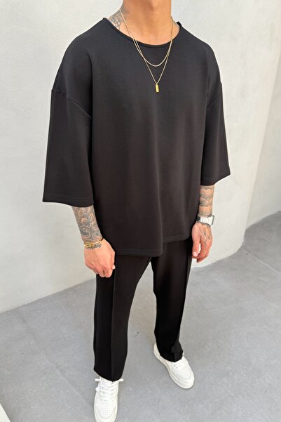 MADZEYMODA Oversize Mold Men's T-Shirt and Capri Fabric Bottom Suit Black Ke-0112