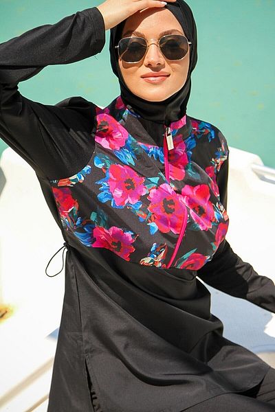 Marina Swimwear Parachute 3-Piece Black Floral Patterned Full Covered Hijab Swimsuit M2268