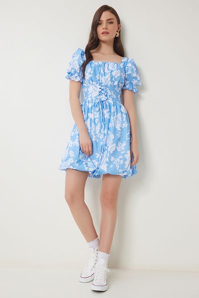 Lovelyİstanbul Rochie cu balon albastru floral - LUB0089