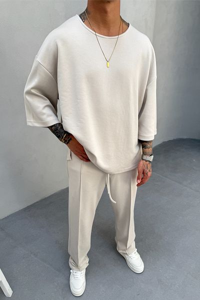 MADZEYMODA Men's Oversize Fit T-Shirt and Pant Bottom Set Beige Color Oyaho