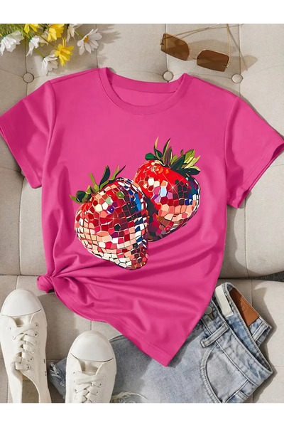 PENTHİLUS Strawberry Pattern Fashionable Summer Polyester Short Sleeve Round ...