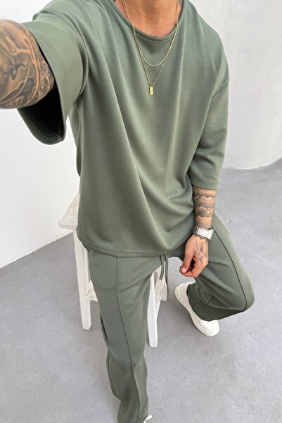 MADZEYMODA Men's Oversize Oyaho T-Shirt and Pants Top Suit Green Ke-0112