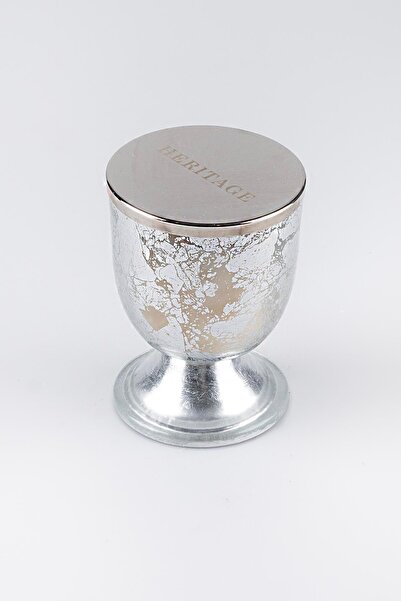 HERITAGE Gümüş Varak Eskitme Ayaklı Cam Mumluk Kokusuz Mum Yazı Kapaklı Küçük...