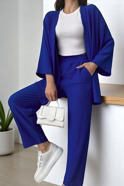 fh fashionhere Seersucker Fabric Women's Saks Blue Kimono Pants Double Set (S-M-L Size Standard)