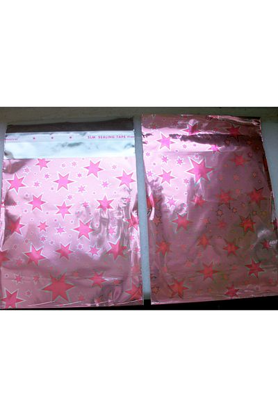 morlalem m 100 Pieces Star Printed Pink Metalized Banded 10cm Gift Bag, Jewelry Engagement Mevlüt Henna Package