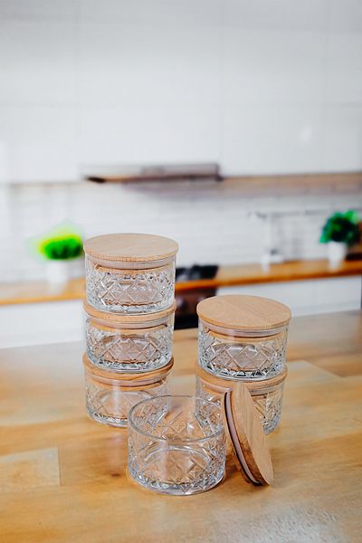 ZURİ DESİGN 6-Piece Round Wooden Vacuum Lid Glass Breakfast - Storage Container & Snack Bowl 225 ml