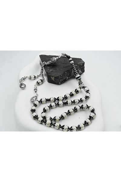Skygo Oltu Stone Beyzi Model Embroidered Six-Piece Fountain Nightingale White Galalith Rosary