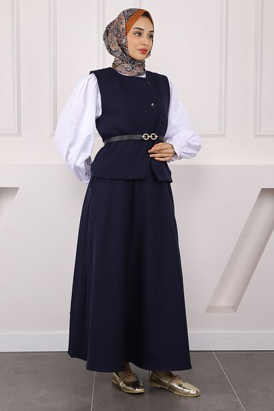 İmajButik Σετ φούστας με κρεπ γιλέκο με μπλε ναυτικό