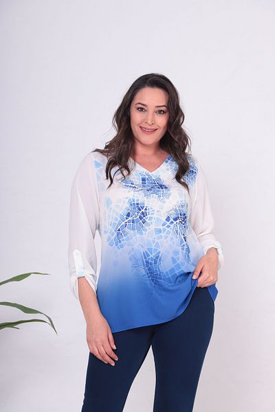 Mezure Stone Handle Folding Patterned Large Size Blouse