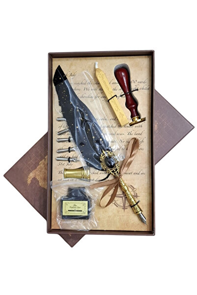 Home Tüylü Divit Kalem ve Hokka Seti Mumlu Mühürlü