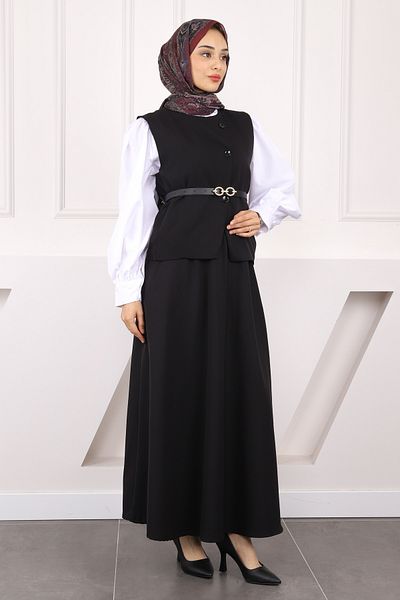 İmajButik Black Belted Crepe Vest Skirt Suit