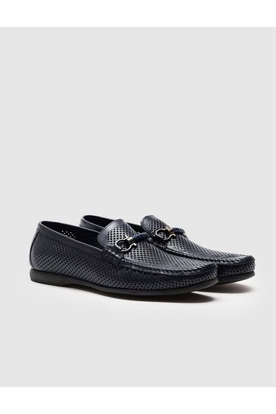 Cabani Genuine Leather Navy Blue Men's Loafers with Laser Detailed Buckle Accessories