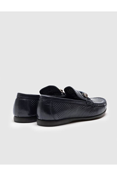 Cabani Genuine Leather Navy Blue Men's Loafers with Laser Detailed Buckle Accessories