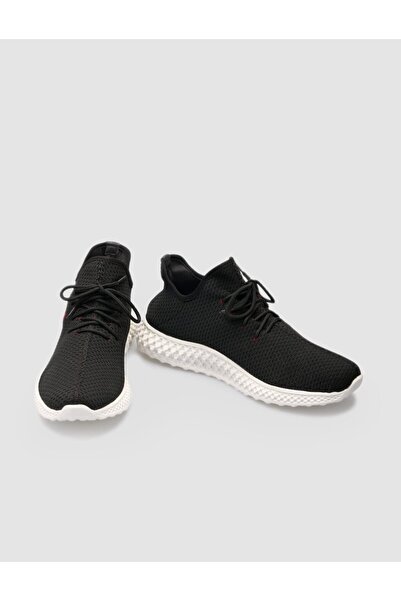 Cabani Λευκά πλεκτά Μαύρα ανδρικά αθλητικά παπούτσια - Κείμενο με μοτίβο, κορδόνια