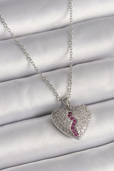 Store 316L Steel Silver Color Chain Zircon Stone Heart Model Women's Necklace