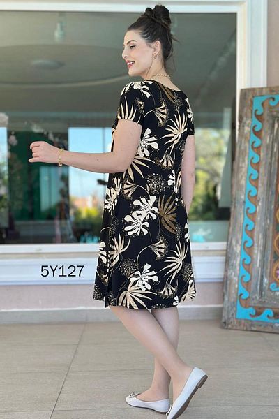 İnce Topuk Crew Neck Patterned Viscose Dress 5Y127