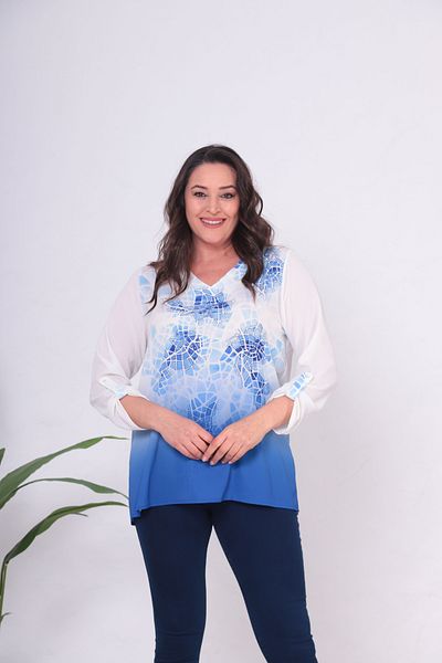 Mezure Stone Handle Folding Patterned Large Size Blouse