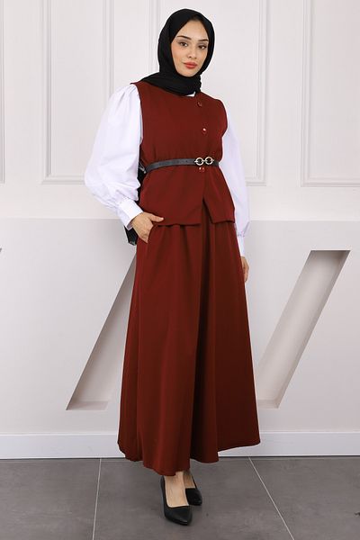 İmajButik Κοστούμι φούστας με κρεπ γιλέκο με μπορντό ζώνη