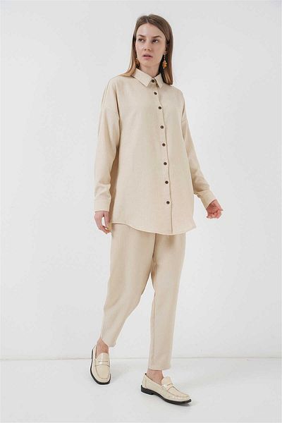 ByMisa Store Women's Beige Raw Linen Summer Double Suit Suitable for Hijab