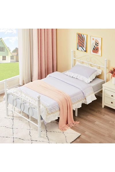 Generic Sturdy Metal Bed Frame Solid Construction with Metal Slats Elegant Design 190x90cm White