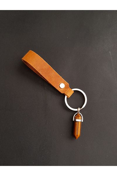 BSN Store Natural Tiger Eye Stone Taban Genuine Leather Keyring