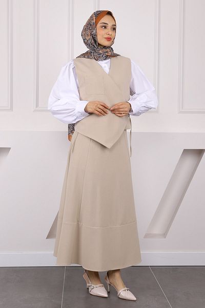İmajButik Μπεζ Γιλέκο Φούστα Κοστούμι