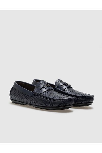 Cabani Genuine Leather Navy Blue Buckle Men's Loafer
