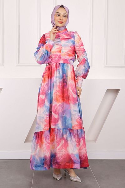İmajButik Φούξια φόρεμα σιφόν με μανίκια και μπροστινό μέρος