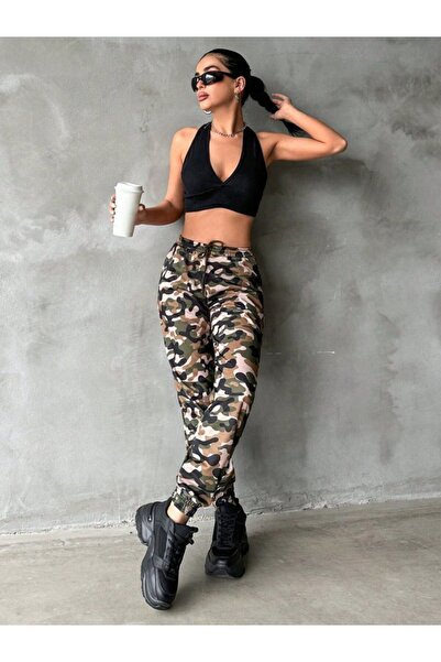 stiledavet online store Women's High Waist Camouflage Printed Ankle Rubber Detail Two Thread Pants